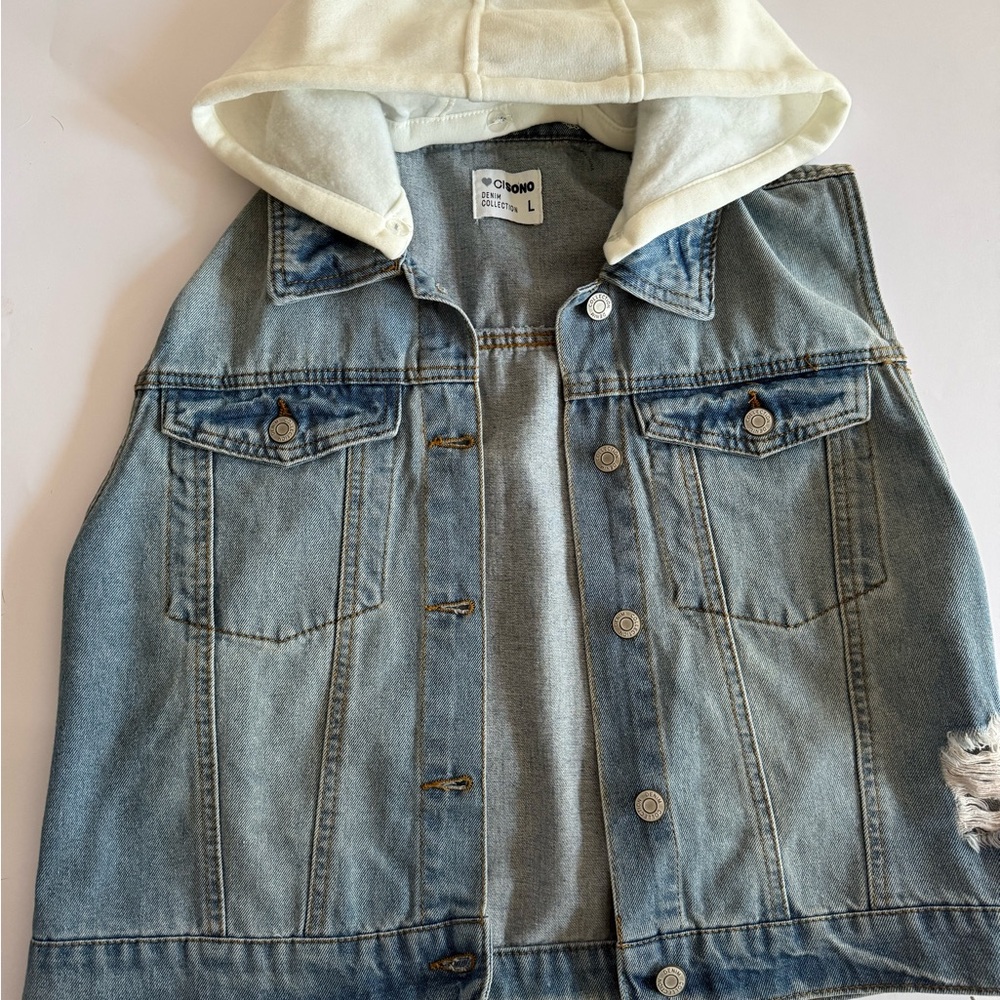 CISONO Hooded Denim Jacket – Light Wash w/ Cream Hoodie | Size L